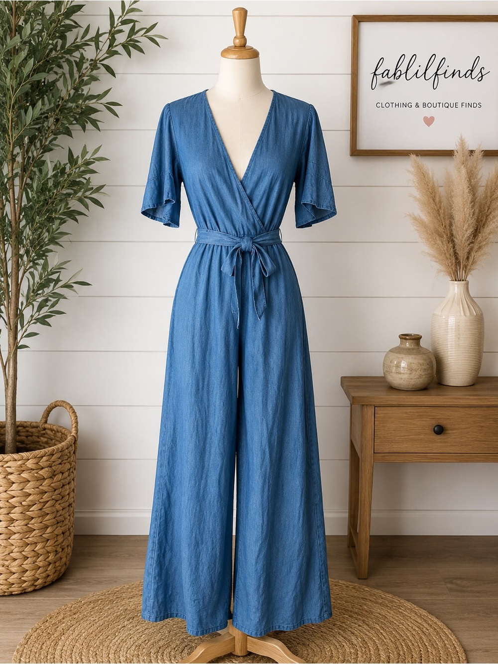 4our Dreamers denim wide leg Wrap Jumpsuit with Tie Waist